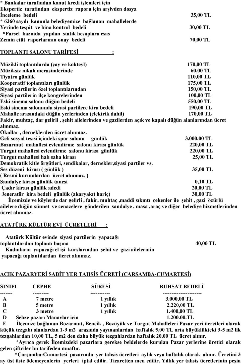 170,00 TL Müziksiz nikah merasimlerinde 60,00 TL Tiyatro günlük 110,00 TL Kooperatif toplantıları günlük 175,00 TL Siyasi partilerin özel toplantılarından 150,00 TL Siyasi partilerin ilçe