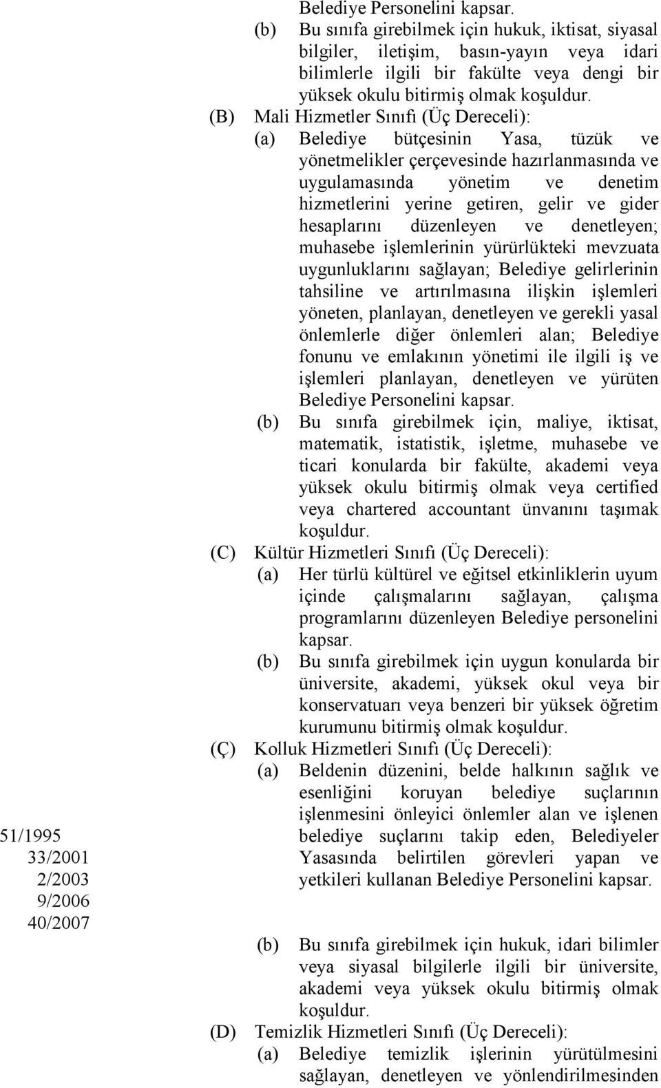 Mali Hizmetler Sınıfı (Üç Dereceli): (a) Belediye bütçesinin Yasa, tüzük ve yönetmelikler çerçevesinde hazırlanmasında ve uygulamasında yönetim ve denetim hizmetlerini yerine getiren, gelir ve gider