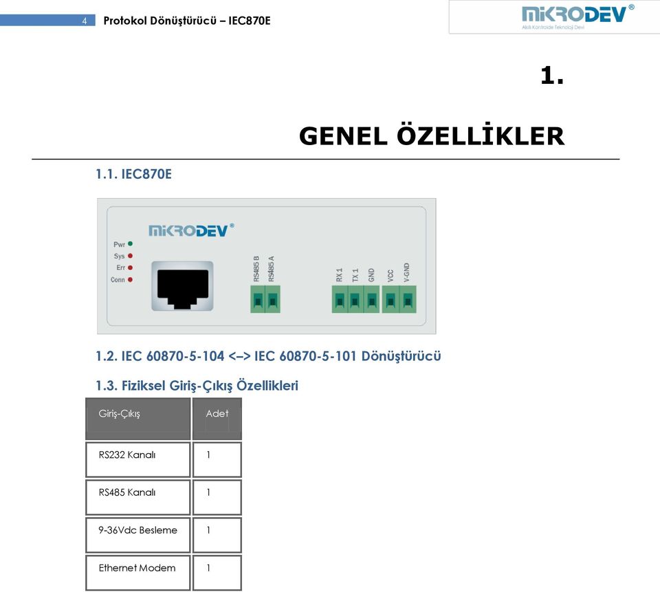 Fiziksel Giriş-Çıkış Özellikleri Giriş-Çıkış Adet RS232