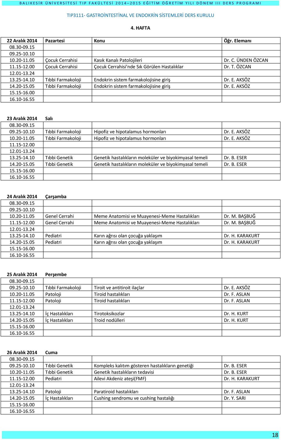 E. AKSÖZ Tıbbi Farmakoloji Hipofiz ve hipotalamus hormonları Dr. E. AKSÖZ Tıbbi Genetik Genetik hastalıkların moleküler ve biyokimyasal temeli Dr. B.