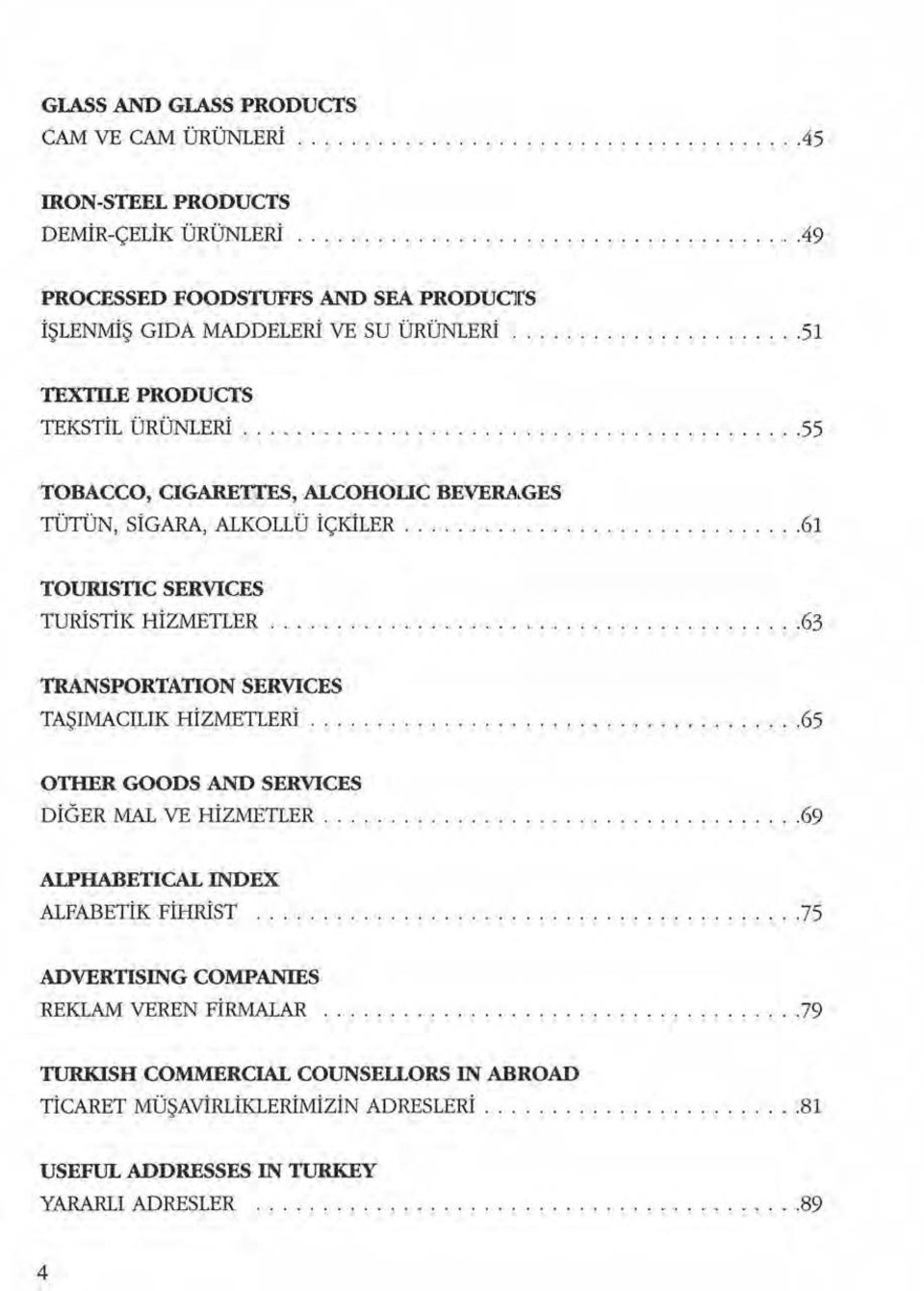 ................ 63 TRANSPORTATION SERVICE$ TAŞIMACILIK HİZMETLEIU........................,........ 65 OTHER GOODS AND SERVICES DİGER MAL VE HİZMETLER........... 69 ALPHABETICAL INDEX ALFABETiK FİHRİST.