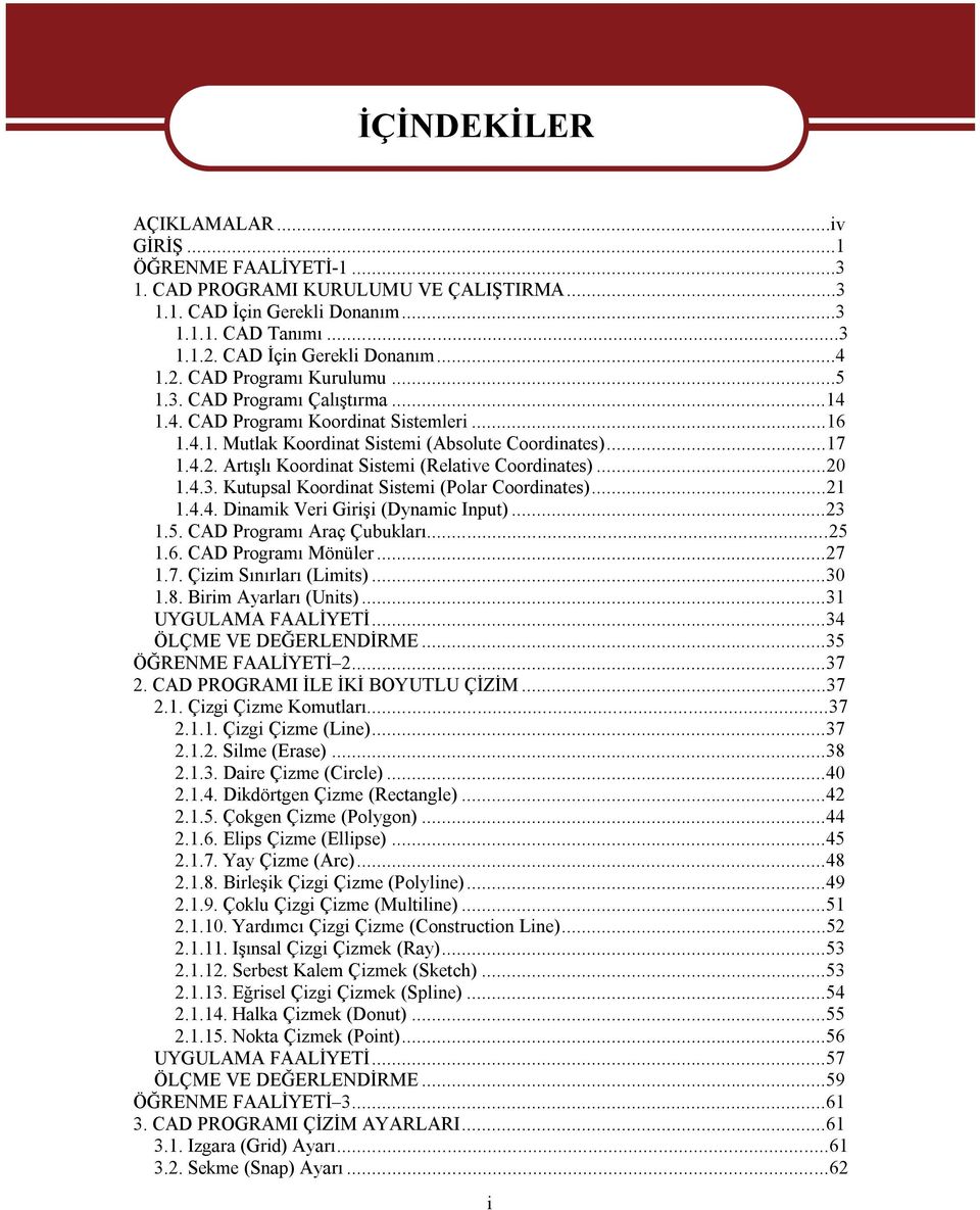 ..20 1.4.3. Kutupsal Koordinat Sistemi (Polar Coordinates)...21 1.4.4. Dinamik Veri Girişi (Dynamic Input)...23 1.5. CAD Programı Araç Çubukları...25 1.6. CAD Programı Mönüler...27 