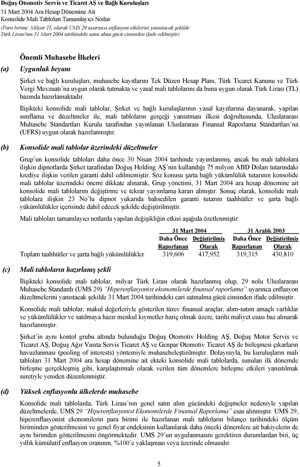 İlişikteki konsolide mali tablolar, Şirket ve bağlı kuruluşlarının yasal kayıtlarına dayanarak, yapılan sınıflama ve düzeltmeler ile, mali tabloların gerçeği yansıtması ilkesi doğrultusunda,