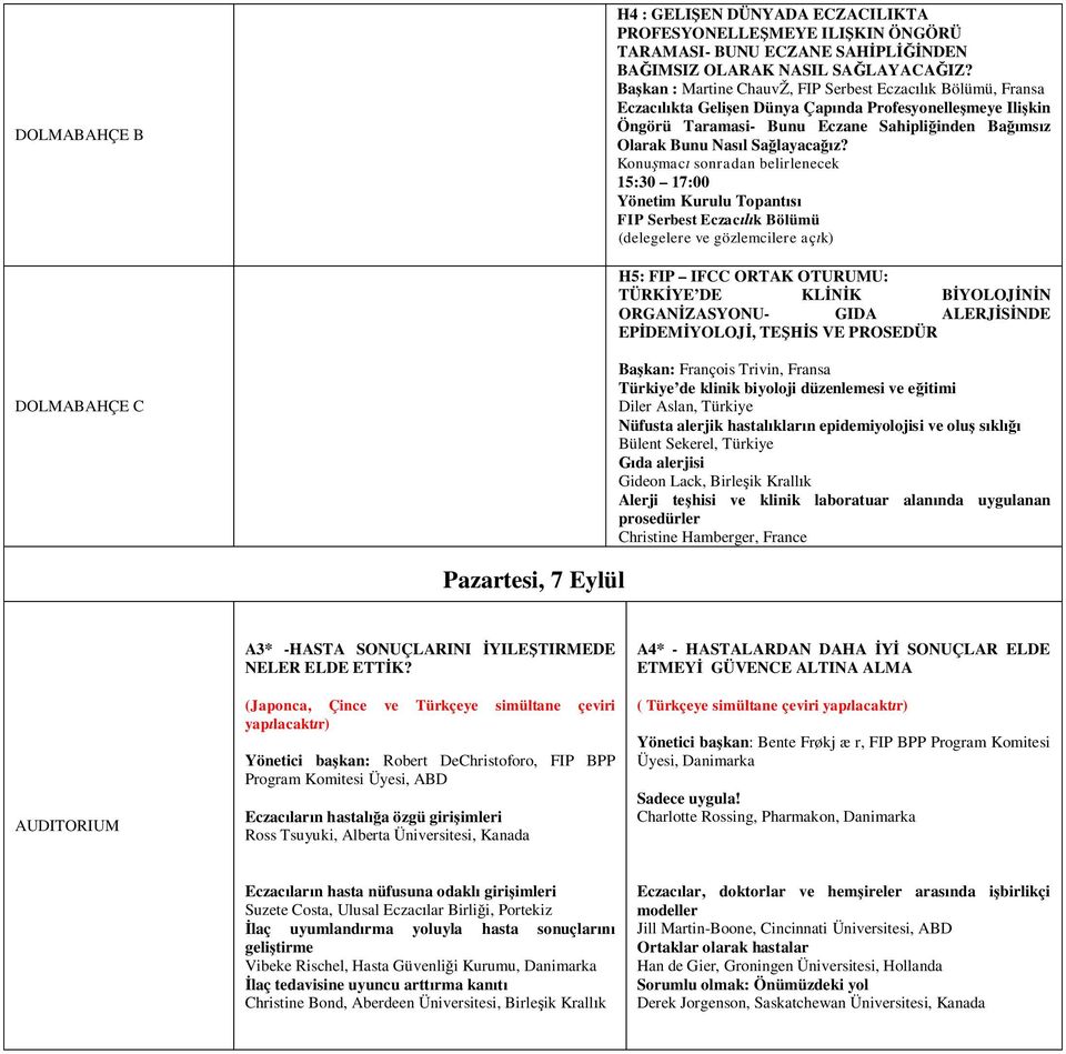 Konu mac sonradan belirlenecek 15:30 17:00 Yönetim Kurulu Topant FIP Serbest Eczac k Bölümü (delegelere ve gözlemcilere aç k) H5: FIP IFCC ORTAK OTURUMU: TÜRK YE DE KL K B YOLOJ N ORGAN ZASYONU- GIDA