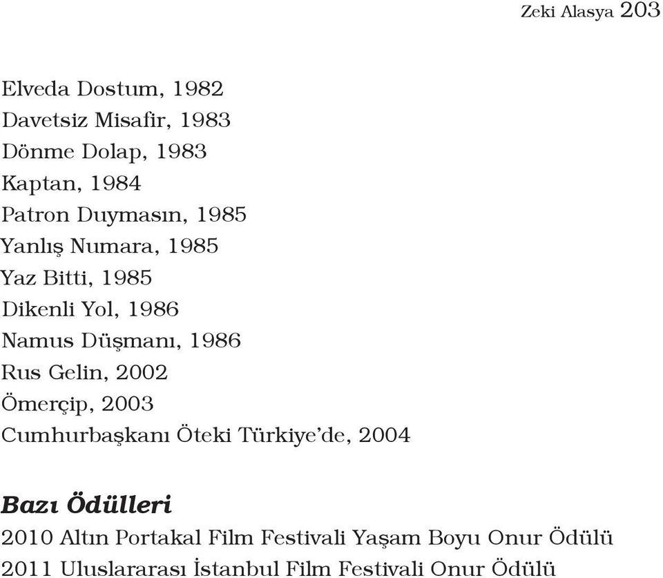 1986 Rus Gelin, 2002 Ömerçip, 2003 Cumhurbaşkanı Öteki Türkiye de, 2004 Bazı Ödülleri 2010