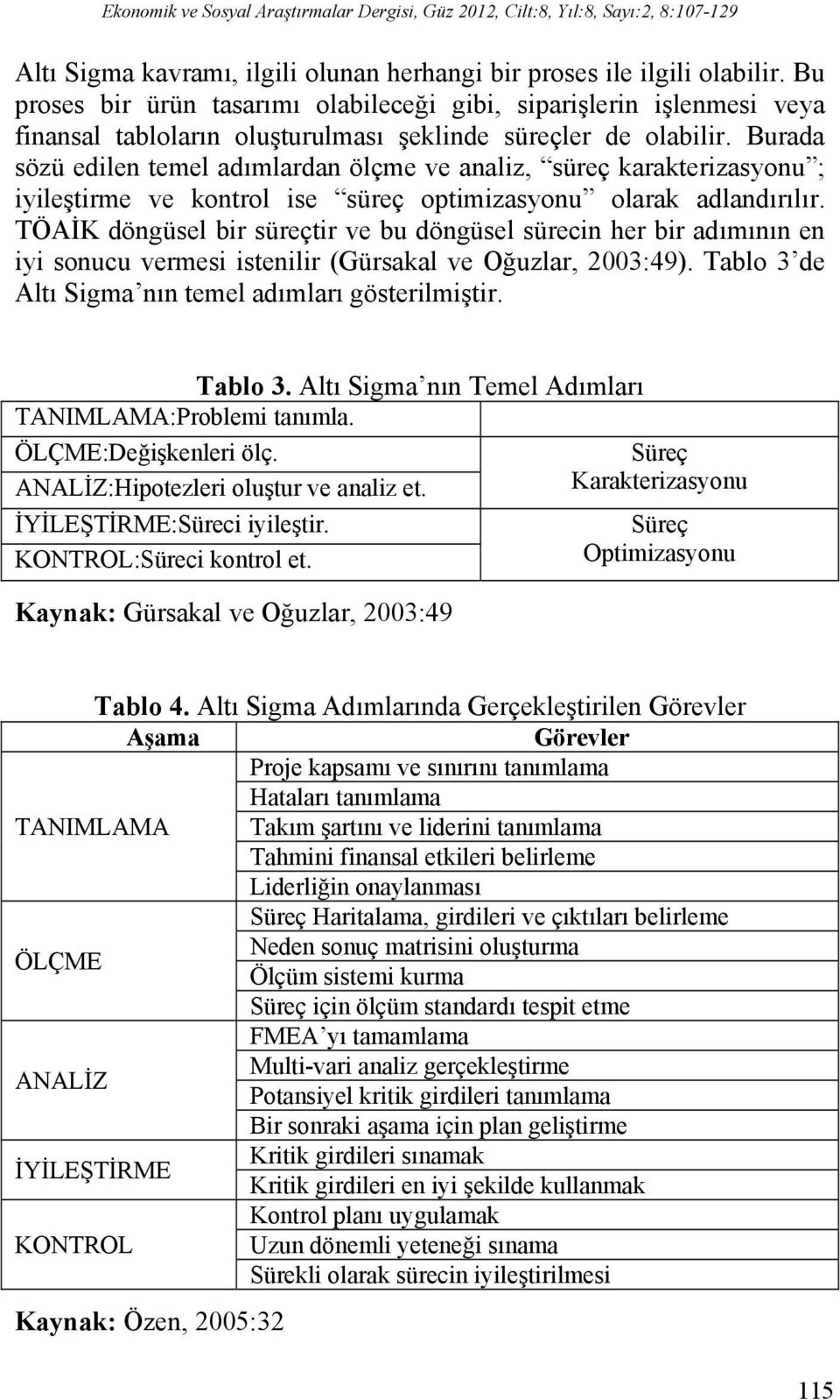 Burada sözü edilen temel adımlardan ölçme ve analiz, süreç karakterizasyonu ; iyileştirme ve kontrol ise süreç optimizasyonu olarak adlandırılır.