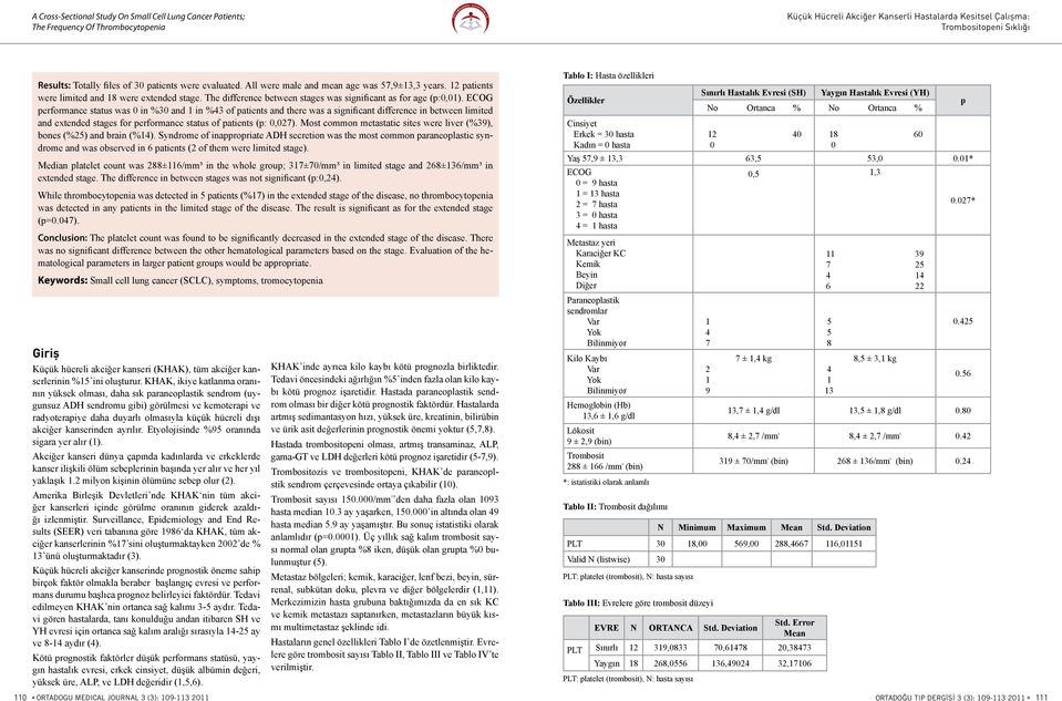 ECOG performance status was 0 in %30 and in %43 of patients and there was a significant difference in between limited and extended stages for performance status of patients (p: 0,027).