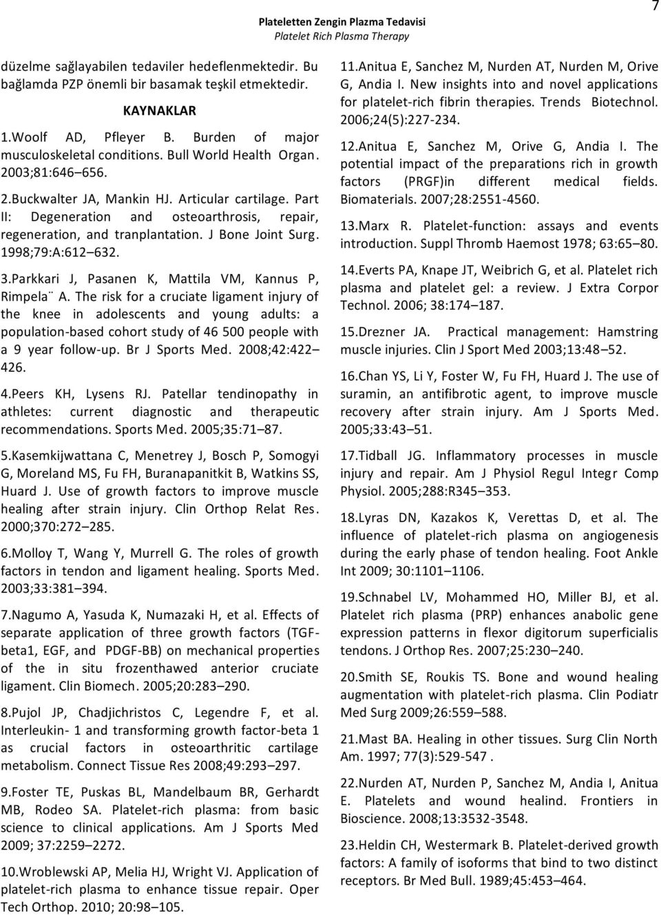 Part II: Degeneration and osteoarthrosis, repair, regeneration, and tranplantation. J Bone Joint Surg. 1998;79:A:612 632. 3.Parkkari J, Pasanen K, Mattila VM, Kannus P, Rimpela A.