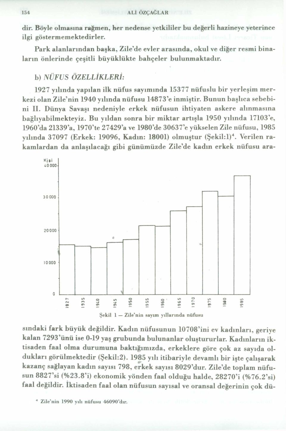 b) NÜFUS ÖZELLİKLERİ: 1927 yılında yapılan ilk nüfus sayımında 15377 nüfuslu bir yerleşim m erkezi olan Zile'nin 1940 yılında nüfusu 14873 e inmiştir. Bunun başlıca sebebini II.