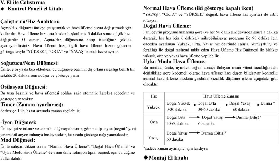 Hava üfleme hızı, ilgili hava üfleme hızını gösteren göstergeleriyle YÜKSEK, ORTA ve YAVAŞ olmak üzere ayrılır.