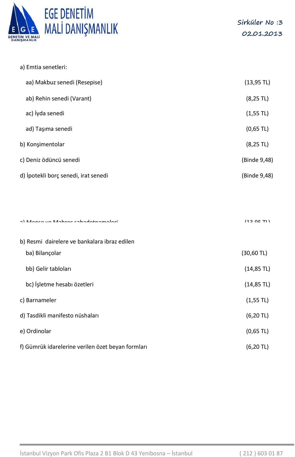 Ticari belgeler: a) Menşe ve Mahreç şahadetnameleri (13,95 TL) b) Resmi dairelere ve bankalara ibraz edilen ba) Bilançolar bilançolar ve işletme hesabı özetleri: