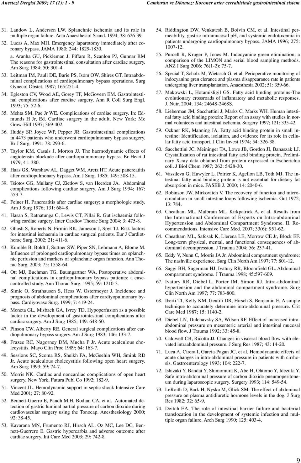 ter coronary bypass. JAMA 1980; 244: 1829-1830. a. Aranha GU, Pickleman J, Piffare R, Scanlon PJ, Gunnar RM The reasons for gastrointestinal consultation after cardiac surgery.