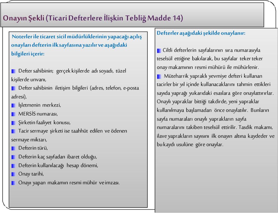 Tacir sermaye şirketi ise taahhüt edilen ve ödenen sermaye miktarı, Defterin türü, Defterin kaç sayfadan ibaret olduğu, Defterin kullanılacağı hesap dönemi, Onay tarihi, Onayı yapan makamın resmi