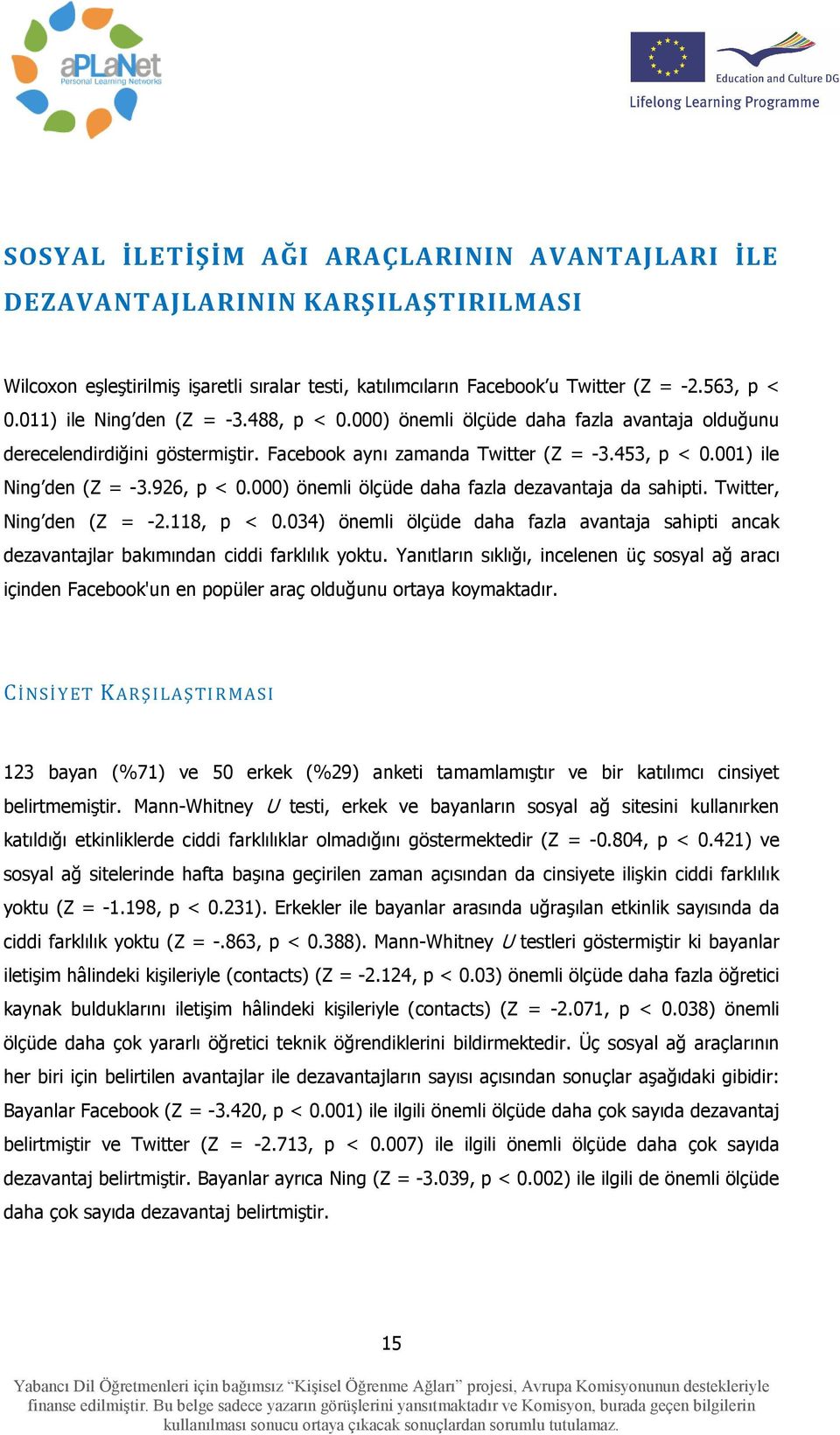 926, p < 0.000) önemli ölçüde daha fazla dezavantaja da sahipti. Twitter, Ning den (Z = -2.118, p < 0.