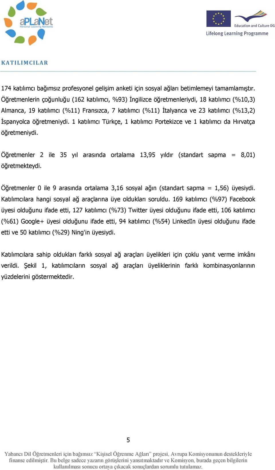 öğretmeniydi. 1 katılımcı Türkçe, 1 katılımcı Portekizce ve 1 katılımcı da Hırvatça öğretmeniydi. Öğretmenler 2 ile 35 yıl arasında ortalama 13,95 yıldır (standart sapma = 8,01) öğretmekteydi.