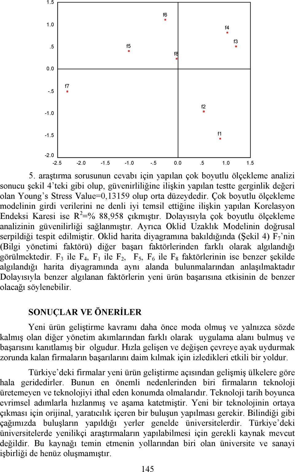 orta düzeydedir. Çok boyutlu ölçekleme modelinin girdi verilerini ne denli iyi temsil ettiğine ilişkin yapılan Korelasyon Endeksi Karesi ise R 2 =% 88,958 çıkmıştır.