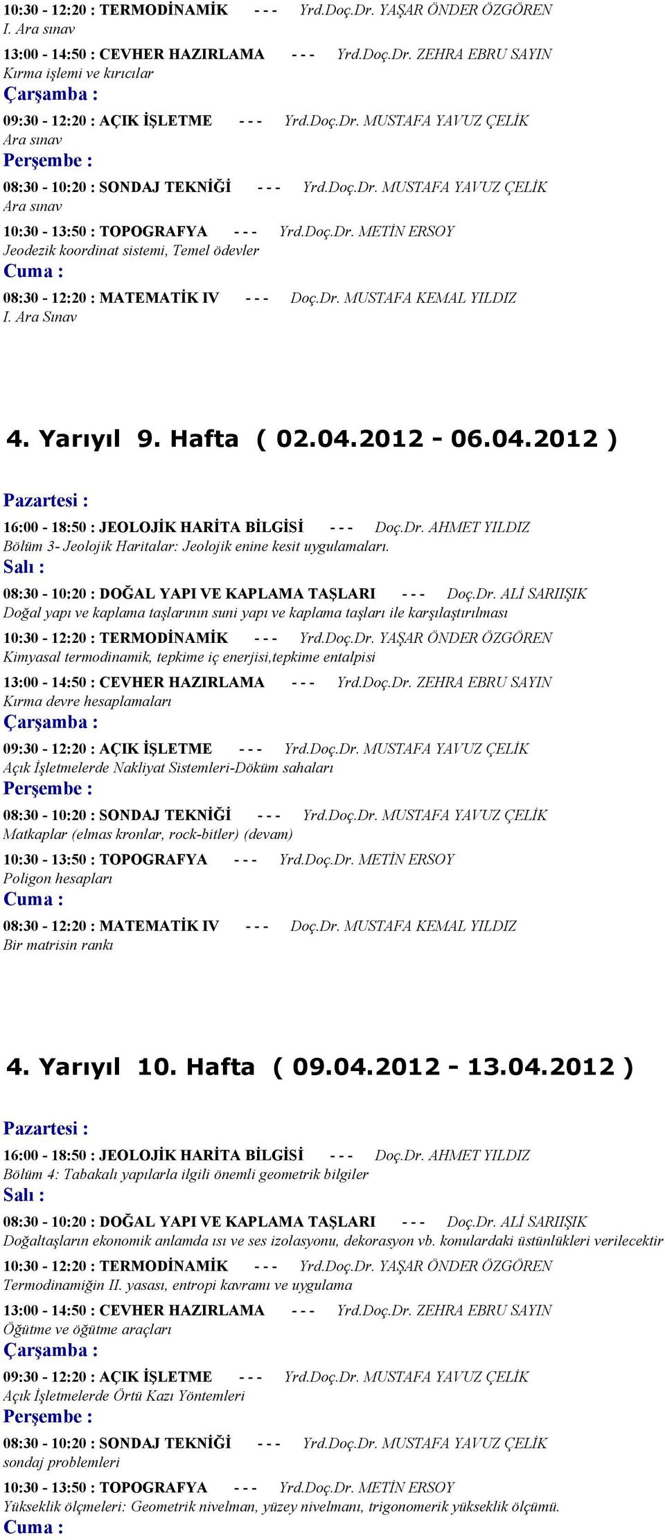 Doğal yapı ve kaplama taşlarının suni yapı ve kaplama taşları ile karşılaştırılması Kimyasal termodinamik, tepkime iç enerjisi,tepkime entalpisi Kırma devre hesaplamaları Açık İşletmelerde Nakliyat