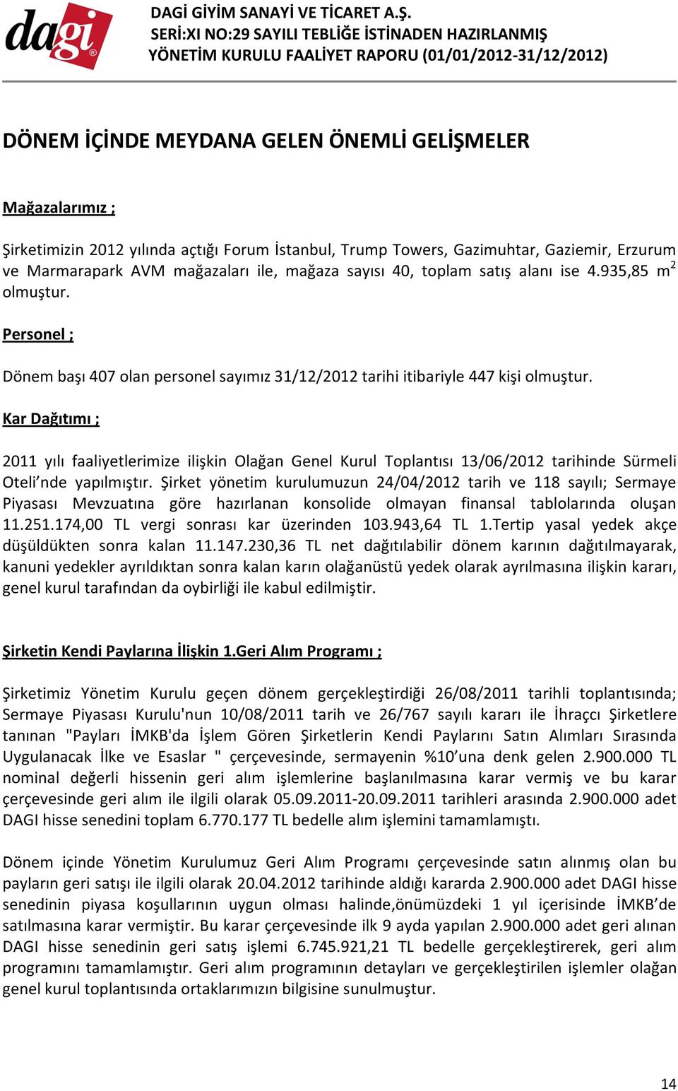 Kar Dağıtımı ; 2011 yılı faaliyetlerimize ilişkin Olağan Genel Kurul Toplantısı 13/06/2012 tarihinde Sürmeli Oteli nde yapılmıştır.