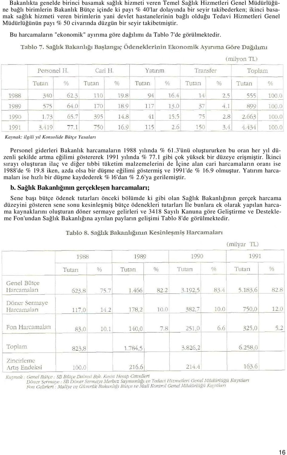 Bu harcamaların "ekonomik" ayırıma göre dağılımı da Tablo 7'de görülmektedir. Kaynak: ilgili yıl Konsolide Bütçe Yasaları Personel giderleri Bakanlık harcamaların 1988 yılında % 61.