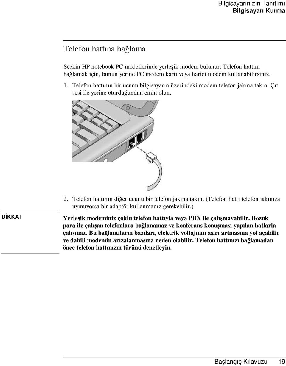 Çıt sesi ile yerine oturduğundan emin olun. DİKKAT 2. Telefon hattının diğer ucunu bir telefon jakına takın. (Telefon hattı telefon jakınıza uymuyorsa bir adaptör kullanmanız gerekebilir.