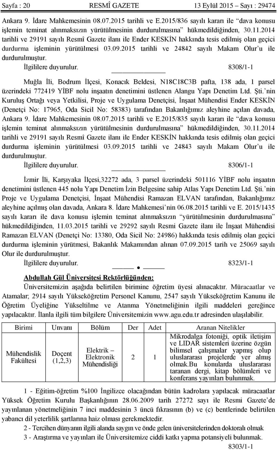 2014 tarihli ve 29191 sayılı Resmî Gazete ilanı ile Ender KESKİN hakkında tesis edilmiş olan geçici durdurma işleminin yürütülmesi 03.09.2015 tarihli ve 24842 sayılı Makam Olur u ile durdurulmuştur.