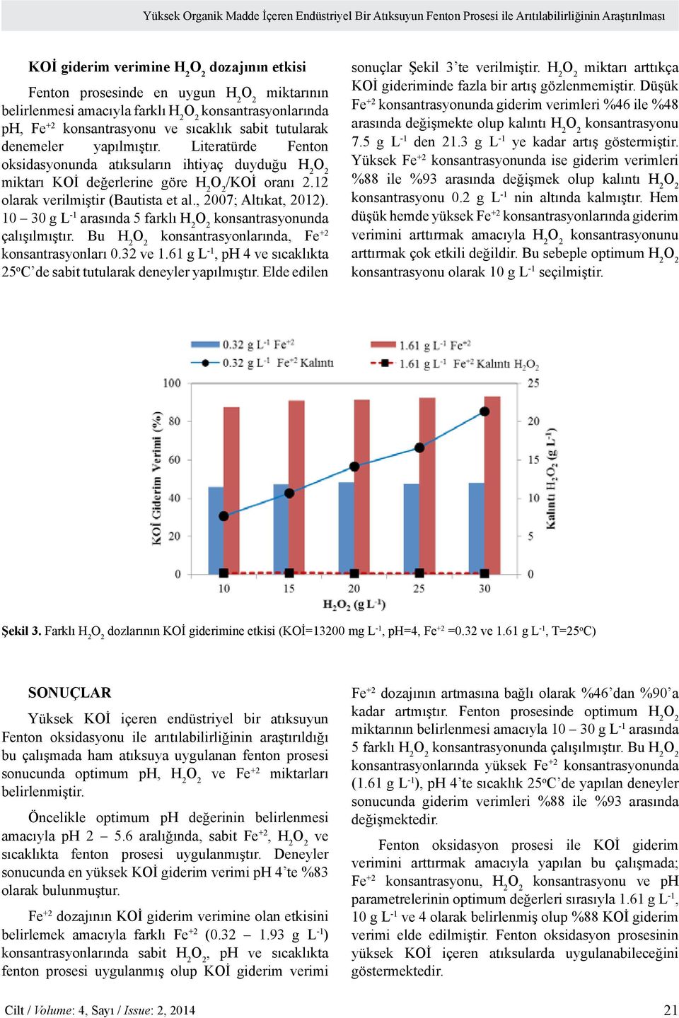 Literatürde Fenton oksidasyonunda atıksuların ihtiyaç duyduğu H 2 miktarı KOİ değerlerine göre H 2 /KOİ oranı 2.12 olarak verilmiştir (Bautista et al., 2007; Altıkat, 2012).