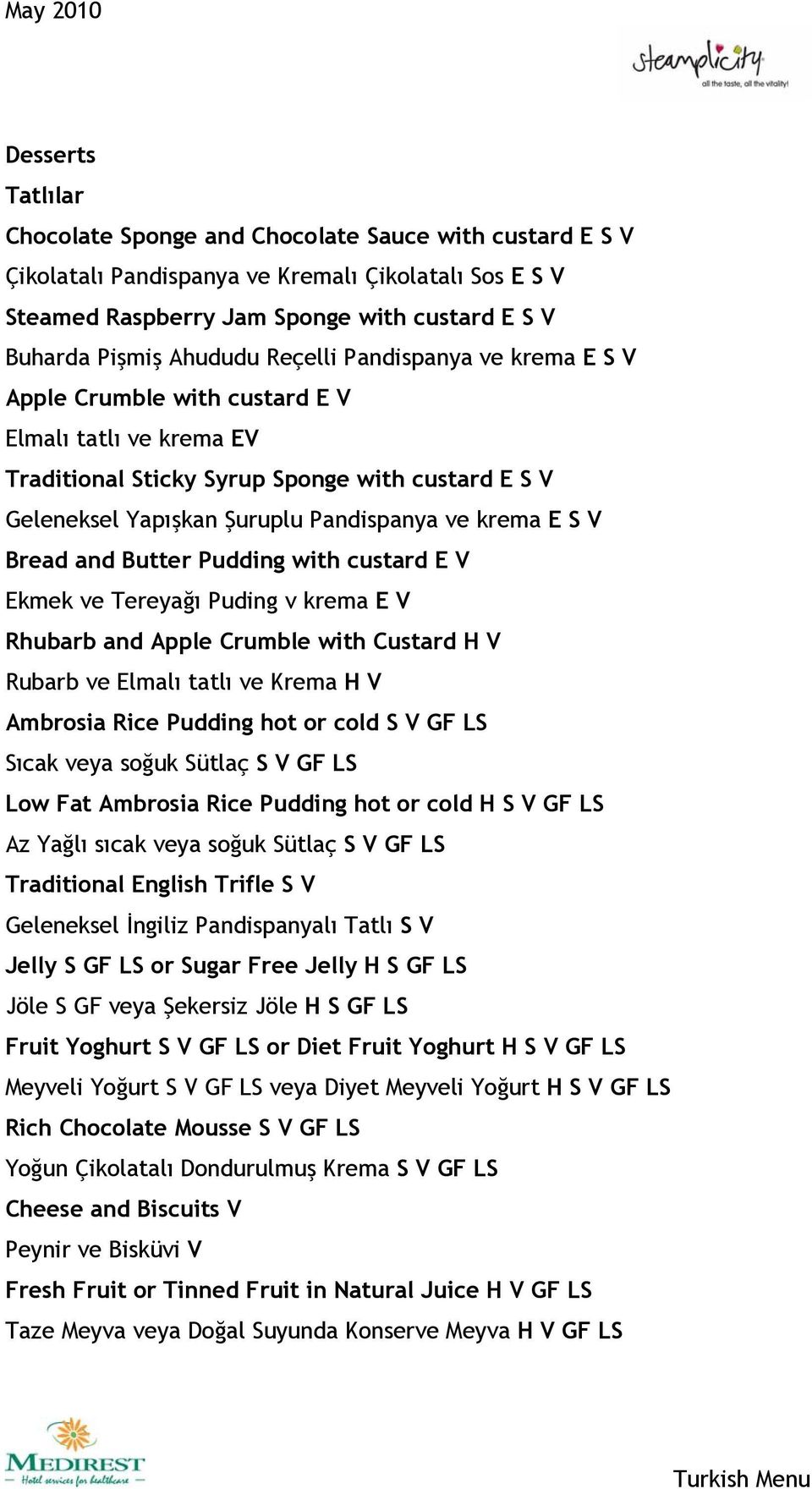 Bread and Butter Pudding with custard E V Ekmek ve Tereyağı Puding v krema E V Rhubarb and Apple Crumble with Custard H V Rubarb ve Elmalı tatlı ve Krema H V Ambrosia Rice Pudding hot or cold S V GF