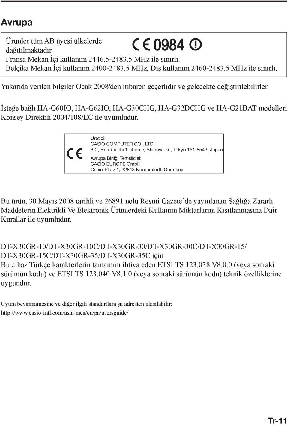 İsteğe bağlı HA-G60IO, HA-G62IO, HA-G30CHG, HA-G32DCHG ve HA-G21BAT modelleri Konsey Direktifi 2004/108/EC ile uyumludur. Üretici: CASIO COMPUTER CO., LTD.