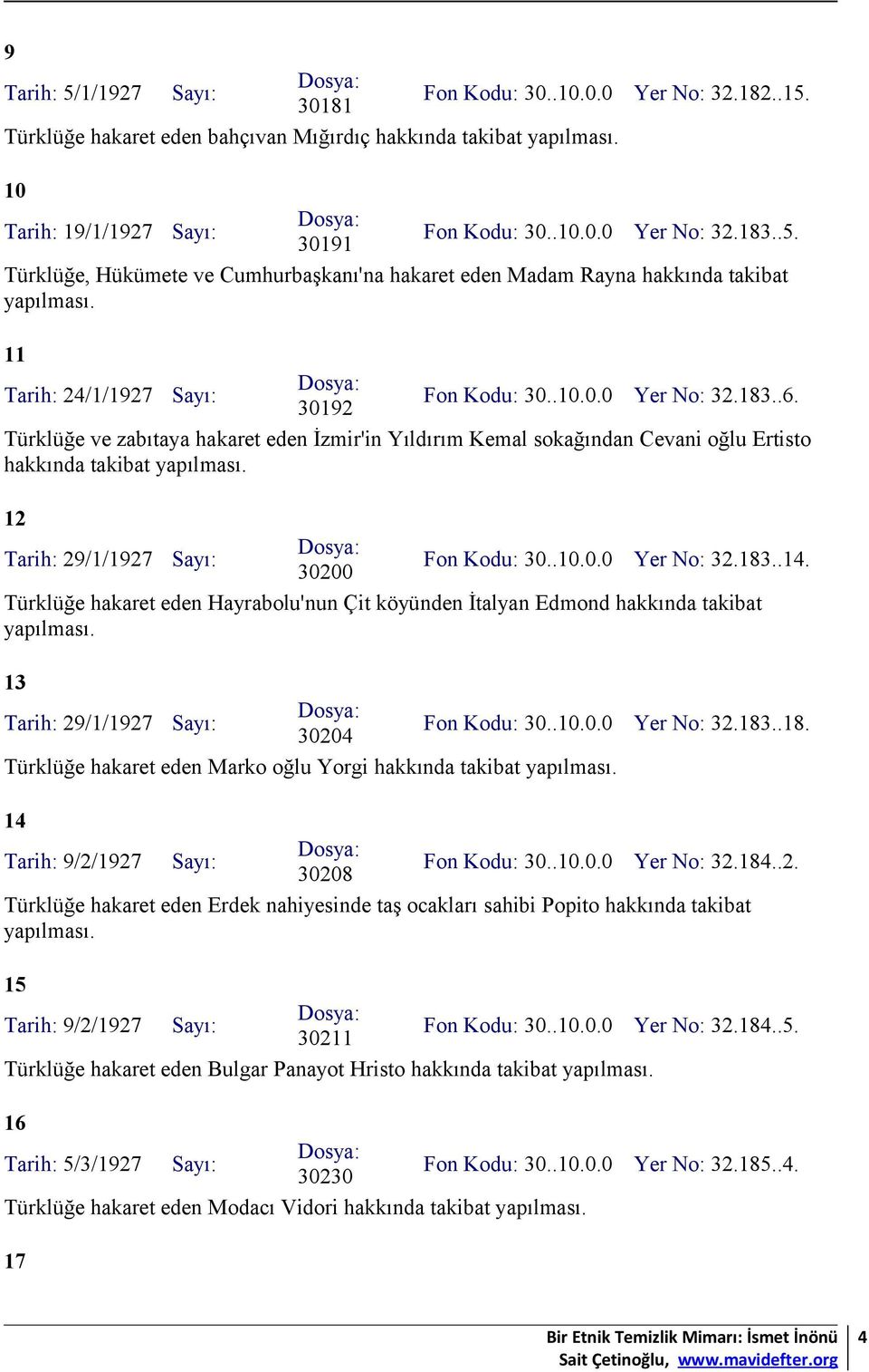 Türklüğe ve zabıtaya hakaret eden İzmir'in Yıldırım Kemal sokağından Cevani oğlu Ertisto hakkında takibat yapılması. 12 Tarih: 29/1/1927 Sayı: 30200 Fon Kodu: 30..10.0.0 Yer No: 32.183..14.