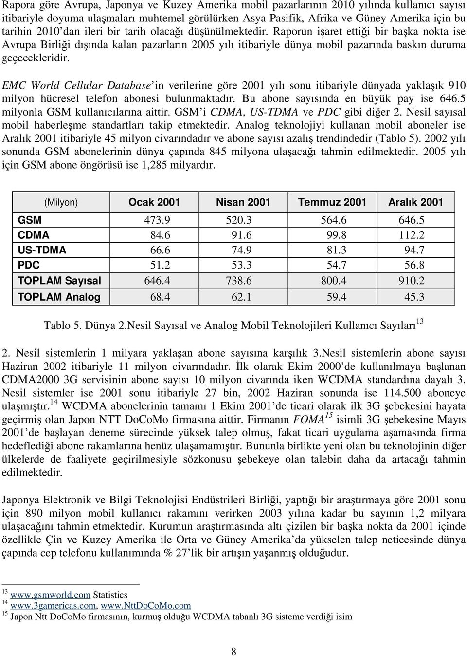 EMC World Cellular Database in verilerine göre 2001 yılı sonu itibariyle dünyada yaklaık 910 milyon hücresel telefon abonesi bulunmaktadır. Bu abone sayısında en büyük pay ise 646.