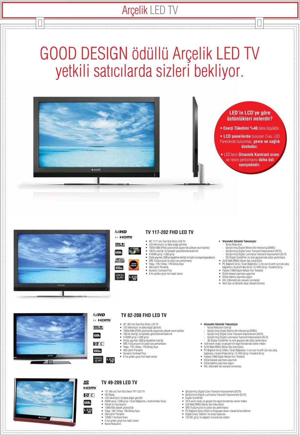 4 x TV 117-202 FHD LED TV 46 (117 cm) Tam Düz Ekran LED TV LED teknolojisi ile daha do al görüntü 1920x1080 (FHD) çözünürlük sayesinde yüksek resim kalitesi 100 Hz özelli i ile hareketli görüntülerde