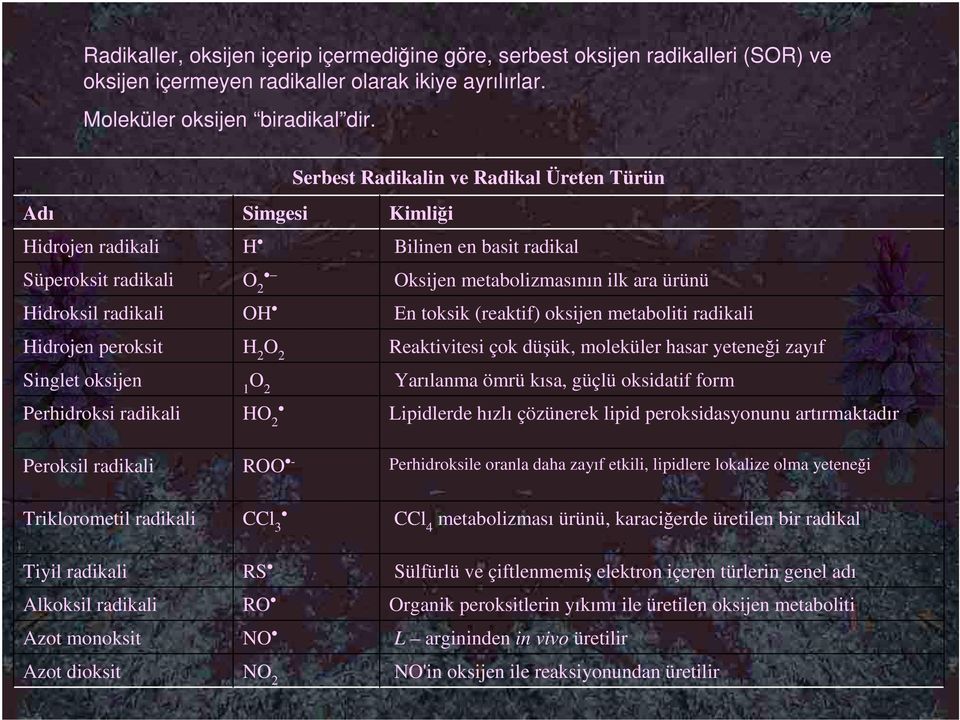 Kimliği Bilinen en basit radikal Oksijen metabolizmasının ilk ara ürünü En toksik (reaktif) oksijen metaboliti radikali Reaktivitesi çok düşük, moleküler hasar yeteneği zayıf Yarılanma ömrü kısa,