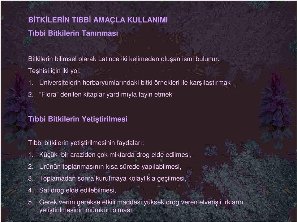 Flora denilen kitaplar yardımıyla tayin etmek Tıbbi Bitkilerin Yetiştirilmesi Tıbbi bitkilerin yetiştirilmesinin faydaları: 1.