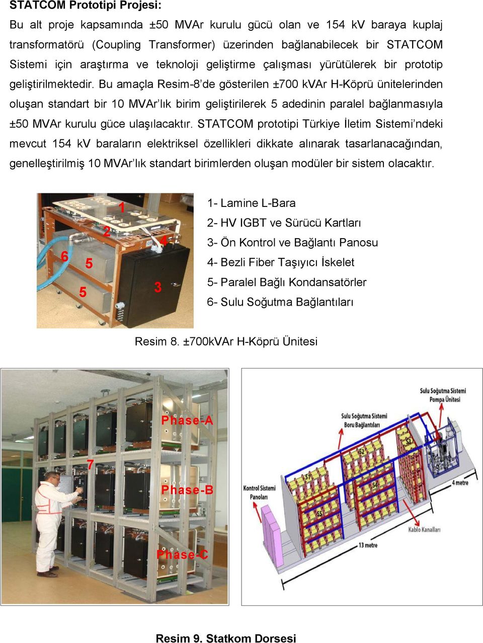 Bu amaçla Resim-8 de gösterilen ±700 kvar H-Köprü ünitelerinden oluşan standart bir 10 MVAr lık birim geliştirilerek 5 adedinin paralel bağlanmasıyla ±50 MVAr kurulu güce ulaşılacaktır.