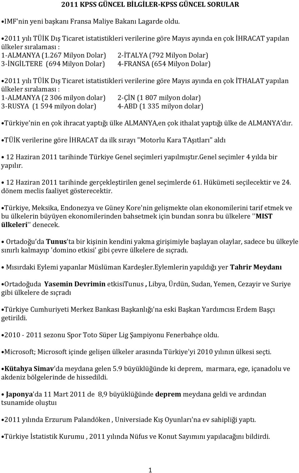 267 Milyon Dolar) 2-İTALYA (792 Milyon Dolar) 3-İNGİLTERE (694 Milyon Dolar) 4-FRANSA (654 Milyon Dolar) 2011 yılı TÜİK Dış Ticaret istatistikleri verilerine göre Mayıs ayında en çok İTHALAT yapılan