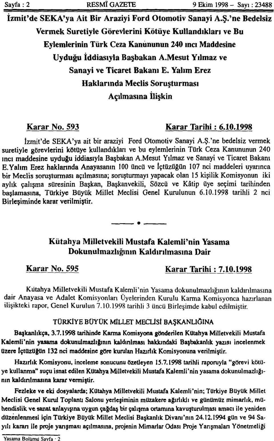 Yalım Erez Haklarında Meclis Soruşturması Açılmasına İlişkin Karar No. 593 Karar Tarihi; 6.10.1998 İzmit'de SEKA'ya ait bir araziyi Ford Otomotiv Sanayi A.Ş.