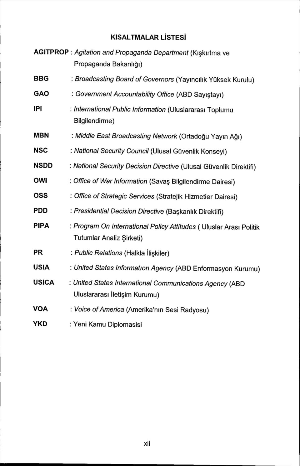 (Ortadogu Yayin Agi) ; National Security Council (Ulusal Guvenlik Konseyi) : National Security Decision Directive (Ulusal Guvenlik Direktifi) : Office of War Information (Sava Bilgilendirme Dairesi)