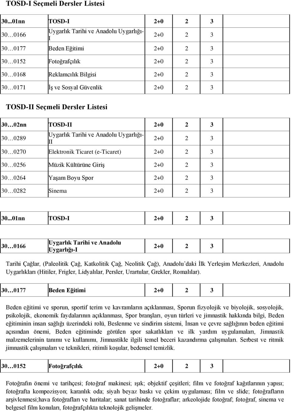 Güvenlik 2+0 2 3 TOSD-II Seçmeli Dersler Listesi 30 02nn TOSD-II 2+0 2 3 30 0289 Uygarlık Tarihi ve Anadolu Uygarlığı- II 2+0 2 3 30 0270 Elektronik Ticaret (e-ticaret) 2+0 2 3 30 0256 Müzik