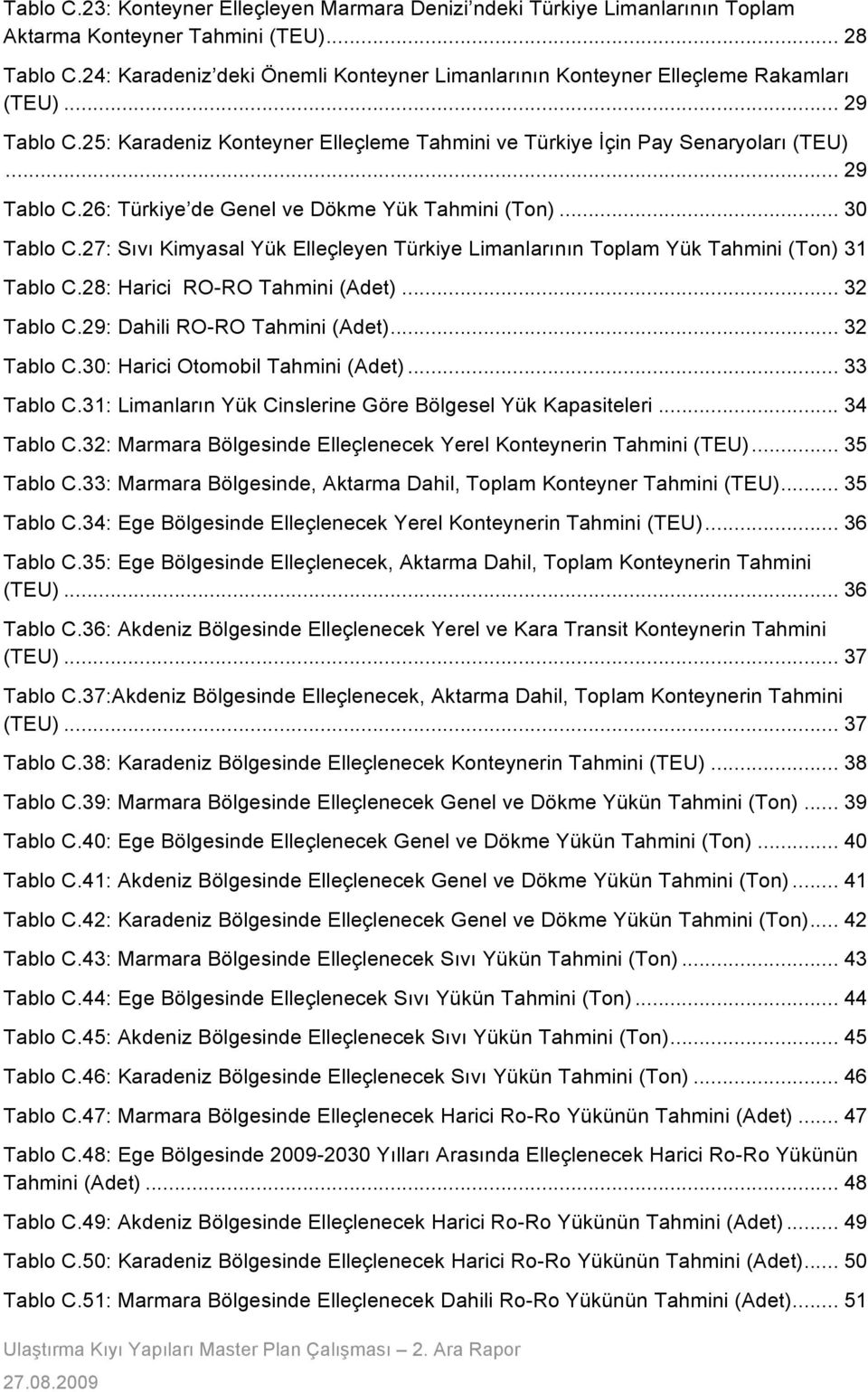 .. 30! Tablo C.27: Sıvı Kimyasal Yük Elleçleyen Türkiye Limanlarının Toplam Yük Tahmini (Ton) 31! Tablo C.28: Harici RO-RO Tahmini (Adet)... 32! Tablo C.29: Dahili RO-RO Tahmini (Adet)... 32! Tablo C.30: Harici Otomobil Tahmini (Adet).