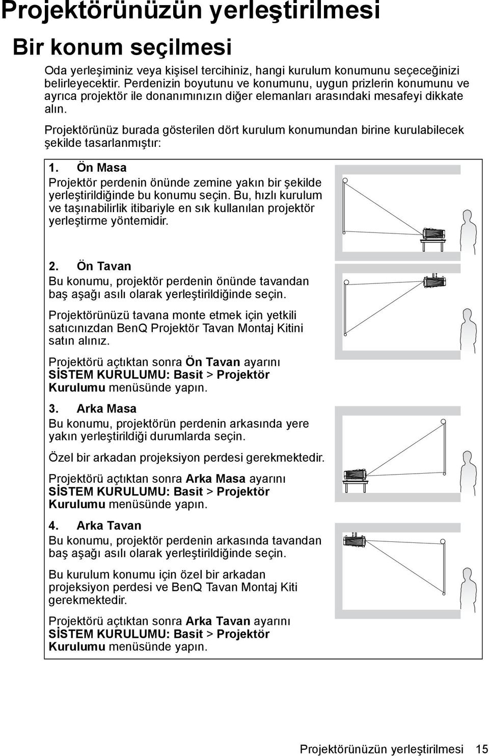 Projektörünüz burada gösterilen dört kurulum konumundan birine kurulabilecek şekilde tasarlanmıştır: 1. Ön Masa Projektör perdenin önünde zemine yakın bir şekilde yerleştirildiğinde bu konumu seçin.