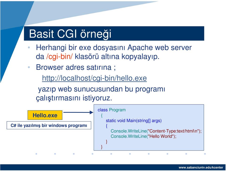 exe yazıp web sunucusundan bu programı çalıştırmasını istiyoruz. Hello.