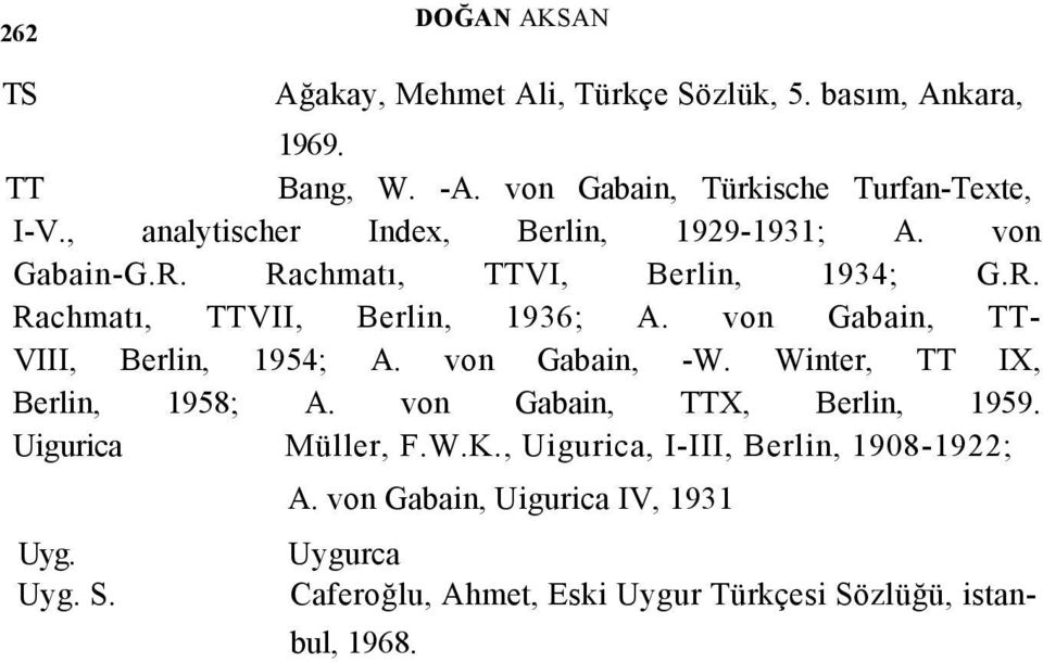 von Gabain, TT- VIII, Berlin, 1954; A. von Gabain, -W. Winter, TT IX, Berlin, 1958; A. von Gabain, TTX, Berlin, 1959. Uigurica Müller, F.W.K.