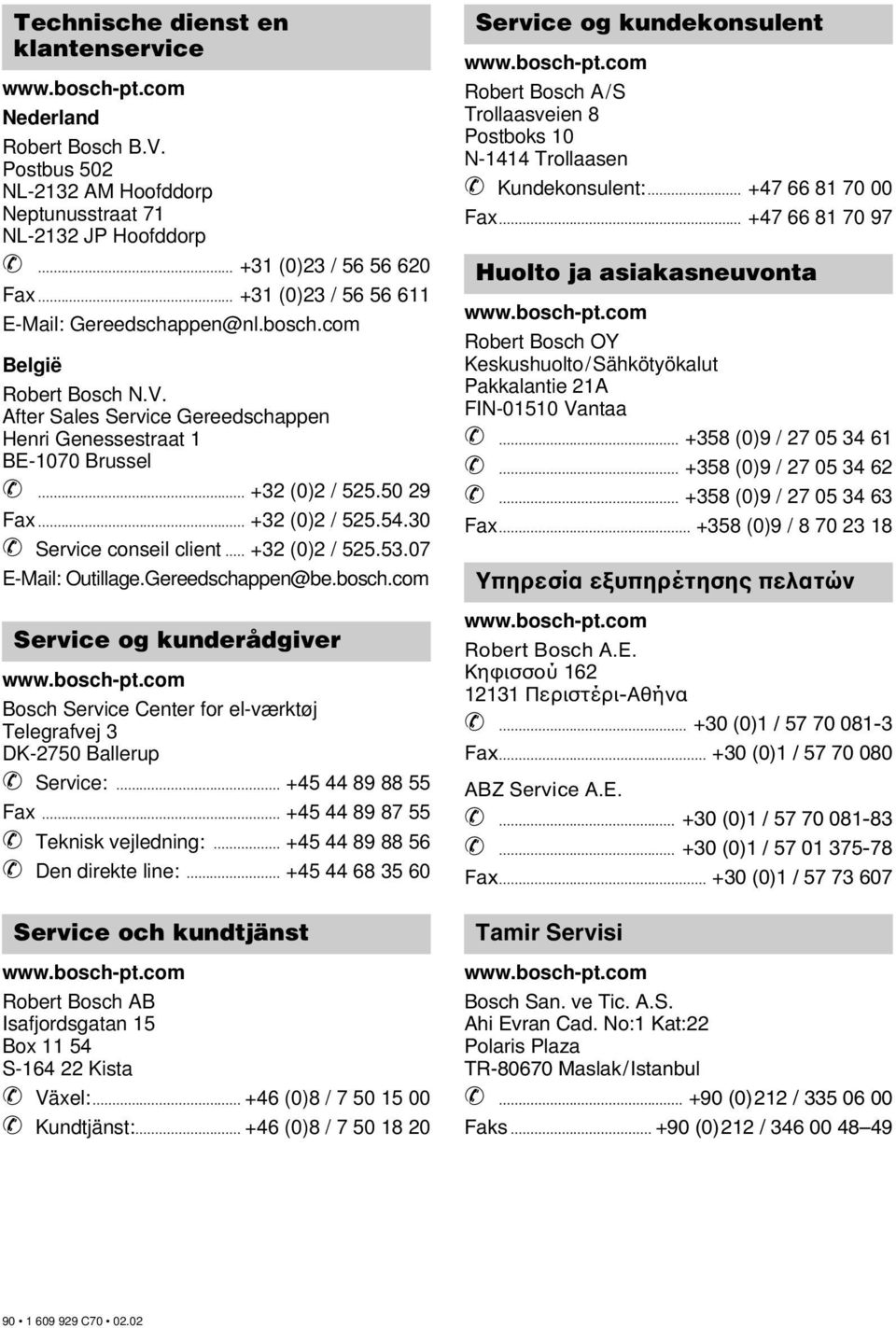 .. +32 (0)2 / 525.54.30 Service conseil client... +32 (0)2 / 525.53.07 E-Mail: Outillage.Gereedschappen@be.bosch.