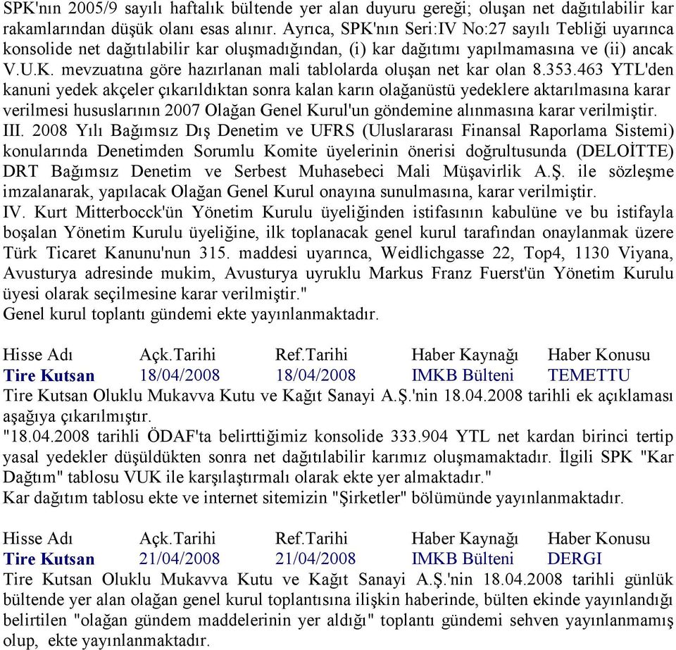 353.463 YTL'den kanuni yedek akçeler çıkarıldıktan sonra kalan karın olağanüstü yedeklere aktarılmasına karar verilmesi hususlarının 2007 Olağan Genel Kurul'un göndemine alınmasına karar verilmiştir.