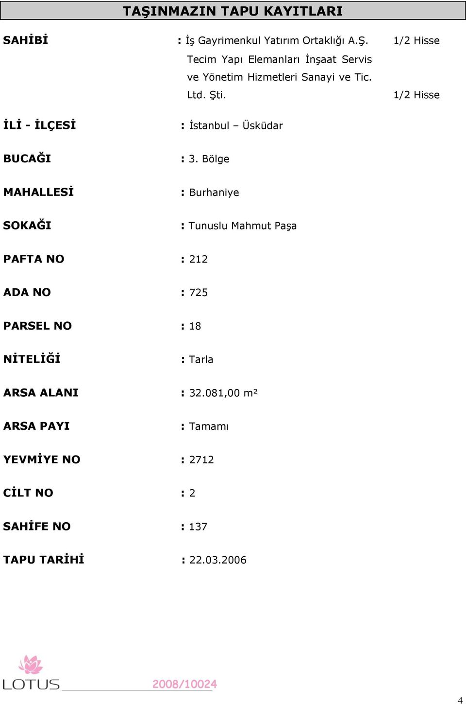 1/2 Hisse ĠLĠ - ĠLÇESĠ : İstanbul Üsküdar BUCAĞI : 3.