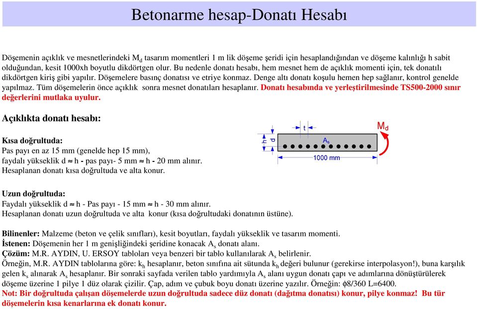 Tüm döşmlrin önc açılı sonra msnt donatıları hsaplanır. Donatı hsabında v yrlştirilmsind TS500-2000 sınır dğrlrini mutlaa uyulur.