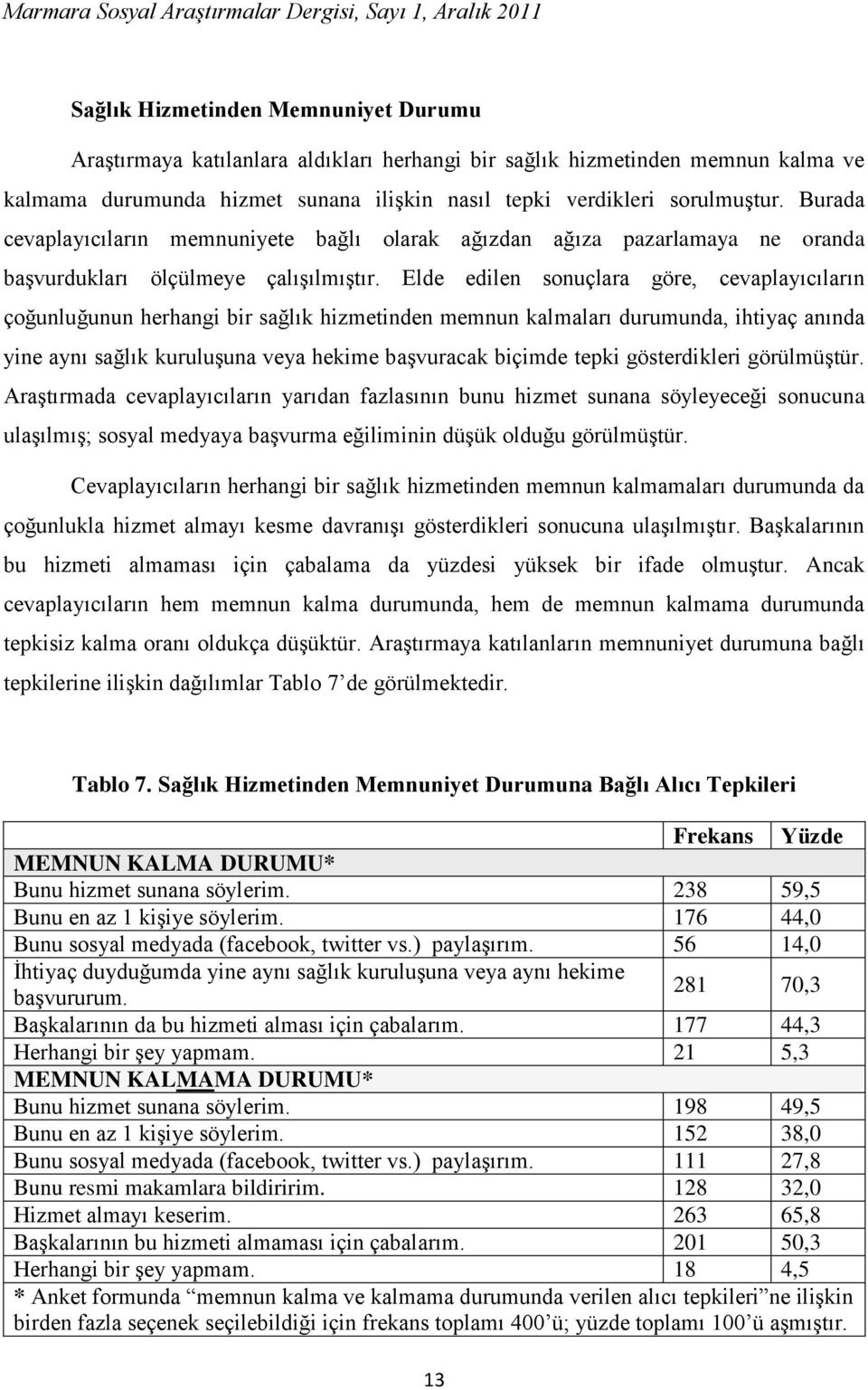 Elde edilen sonuçlara göre, cevaplayıcıların çoğunluğunun herhangi bir sağlık hizmetinden memnun kalmaları durumunda, ihtiyaç anında yine aynı sağlık kuruluşuna veya hekime başvuracak biçimde tepki