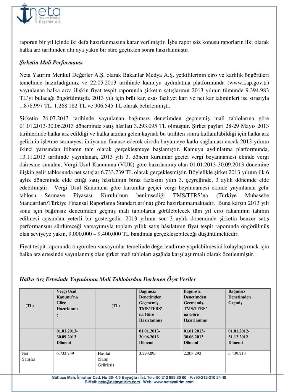 2013 tarihinde kamuyu aydınlatma platformunda (www.kap.gov.tr) yayınlanan halka arza ilişkin fiyat tespit raporunda şirketin satışlarının 2013 yılının tümünde 9.394.983 TL yi bulacağı öngörülmüştü.