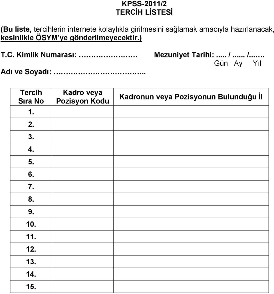 Kimlik Numarası: Adı ve Soyadı:.. Mezuniyet Tarihi:... /... /.... Gün Ay Yıl Tercih Sıra No 1.