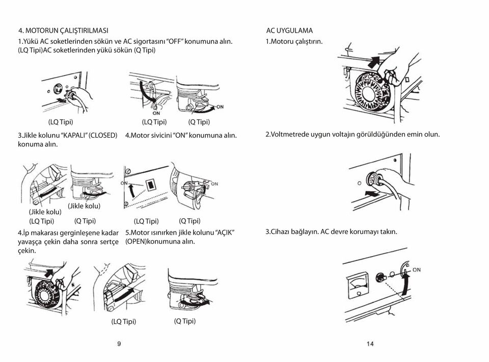 Jikle kolunu KAPALI (CLOSED) konuma alýn. 4.Motor sivicini ON konumuna alýn. 2.Voltmetrede uygun voltajýn görüldüðünden emin olun.